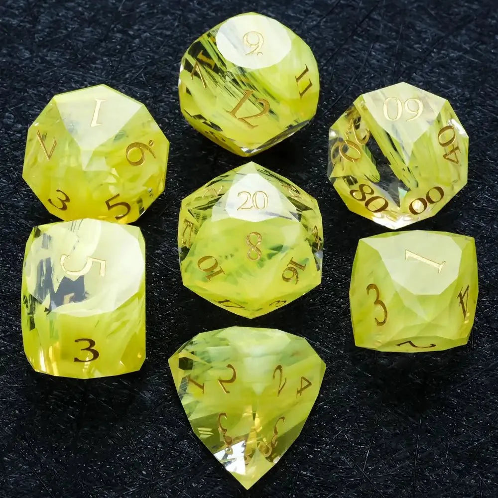 Gemstone DND Dice Set – DND Dice | Diamond Cut Yellow - Green Glass Gemstone Dice Set