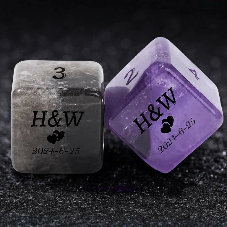 Gemstone RPG Dice Set – Custom D6 dice made from natural gemstones, engraved with text, dates, symbols, names