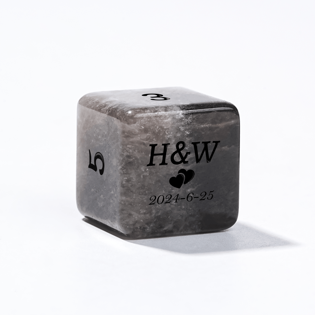 Gemstone RPG Dice Set – Custom personalized brown natural gemstone D6 dice, engraved with text, dates, symbols, names