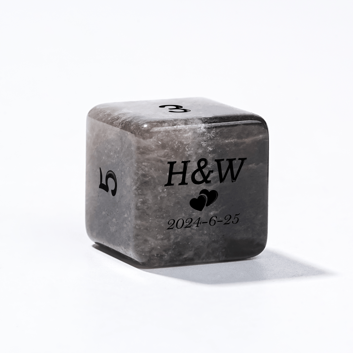 Gemstone RPG Dice Set – Custom personalized brown natural gemstone D6 dice, engraved with text, dates, symbols, names