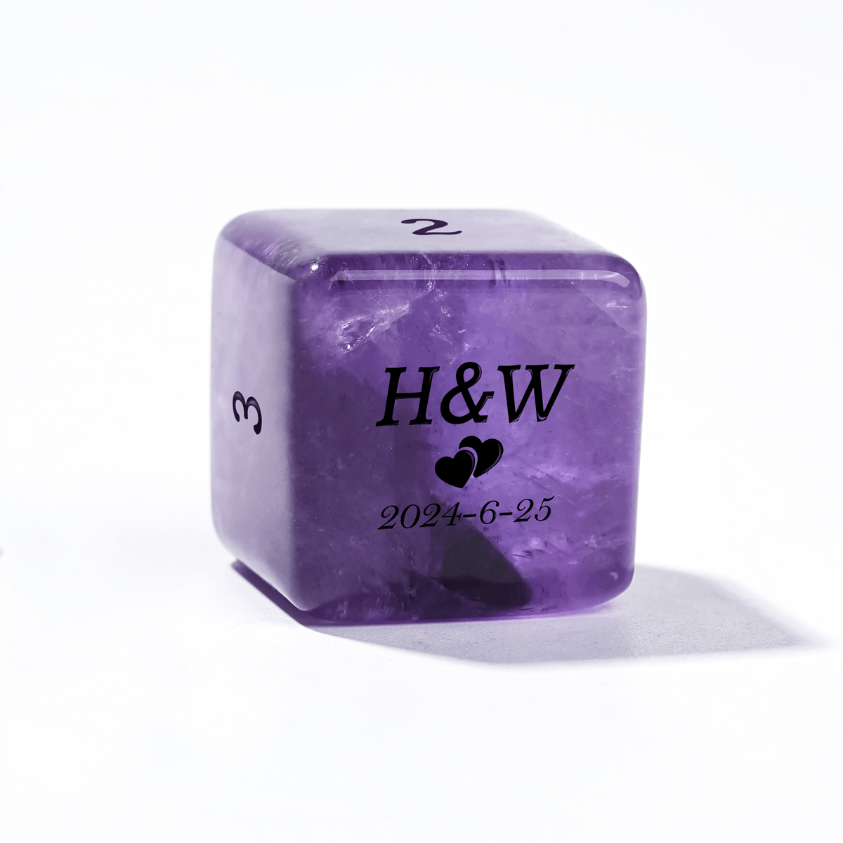 Gemstone RPG Dice Set – Custom personalized purple natural gemstone D6 dice, engraved with text, dates, symbols, names