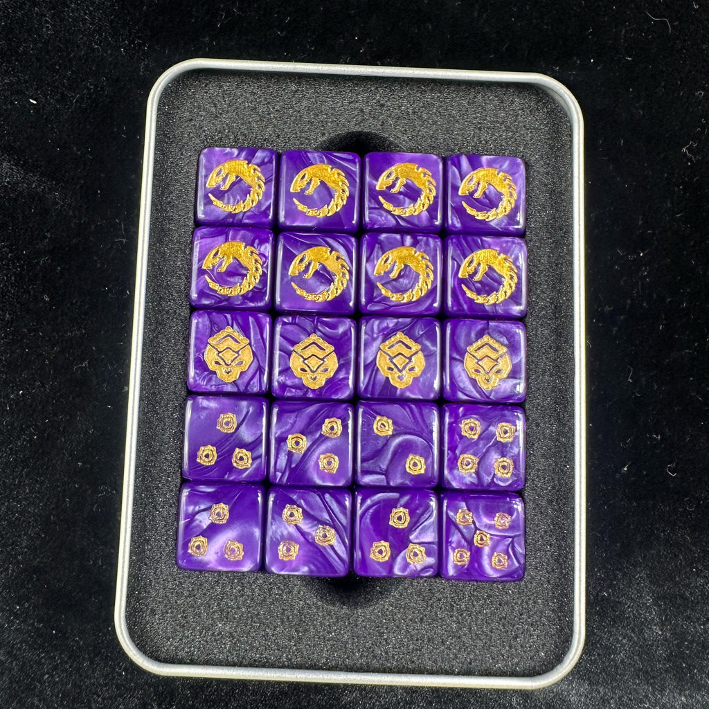 Acrylic D6 Dice – Ouroboros Pearl – Genestealer Cults Ouroboros D6 Dice Set of 20 — Top View in Metal Tin Box with Foam