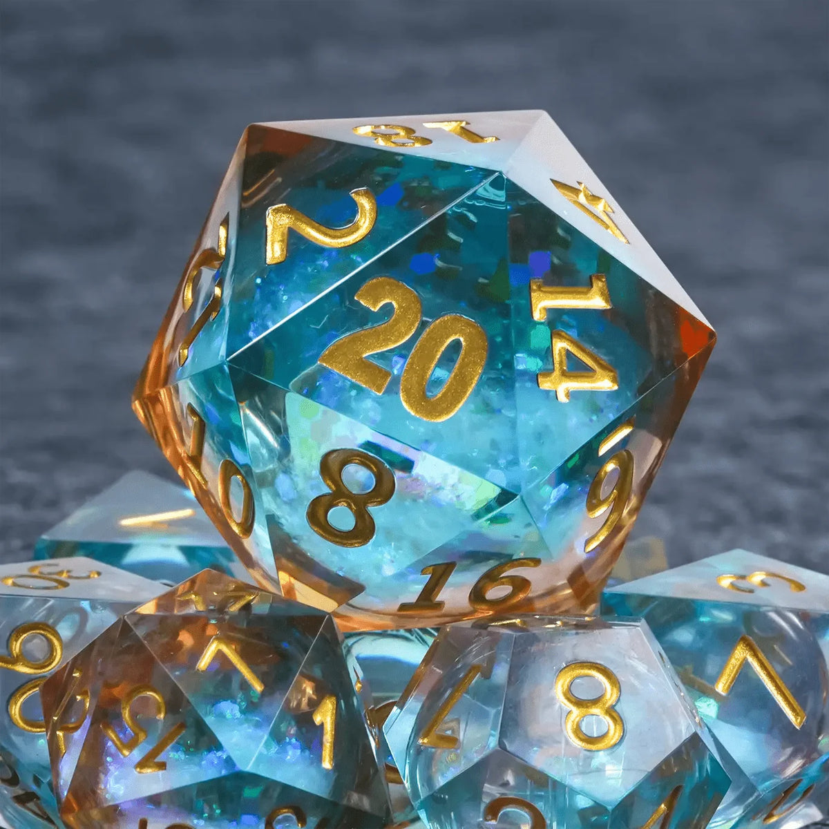 Giant Lettering Liquid Core Dice Set – Gold Numbers – 35mm Blue Glitter Liquid Core D20 Dice with Gold Engraved Numbers