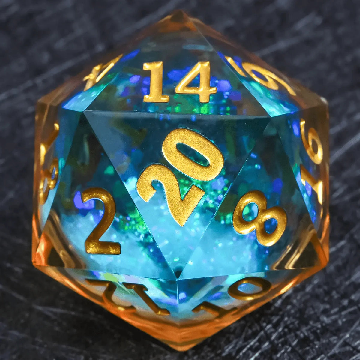 Giant Lettering Liquid Core Dice Set – Gold Numbers – 35mm clear gold resin D20 dice with a blue glitter liquid core