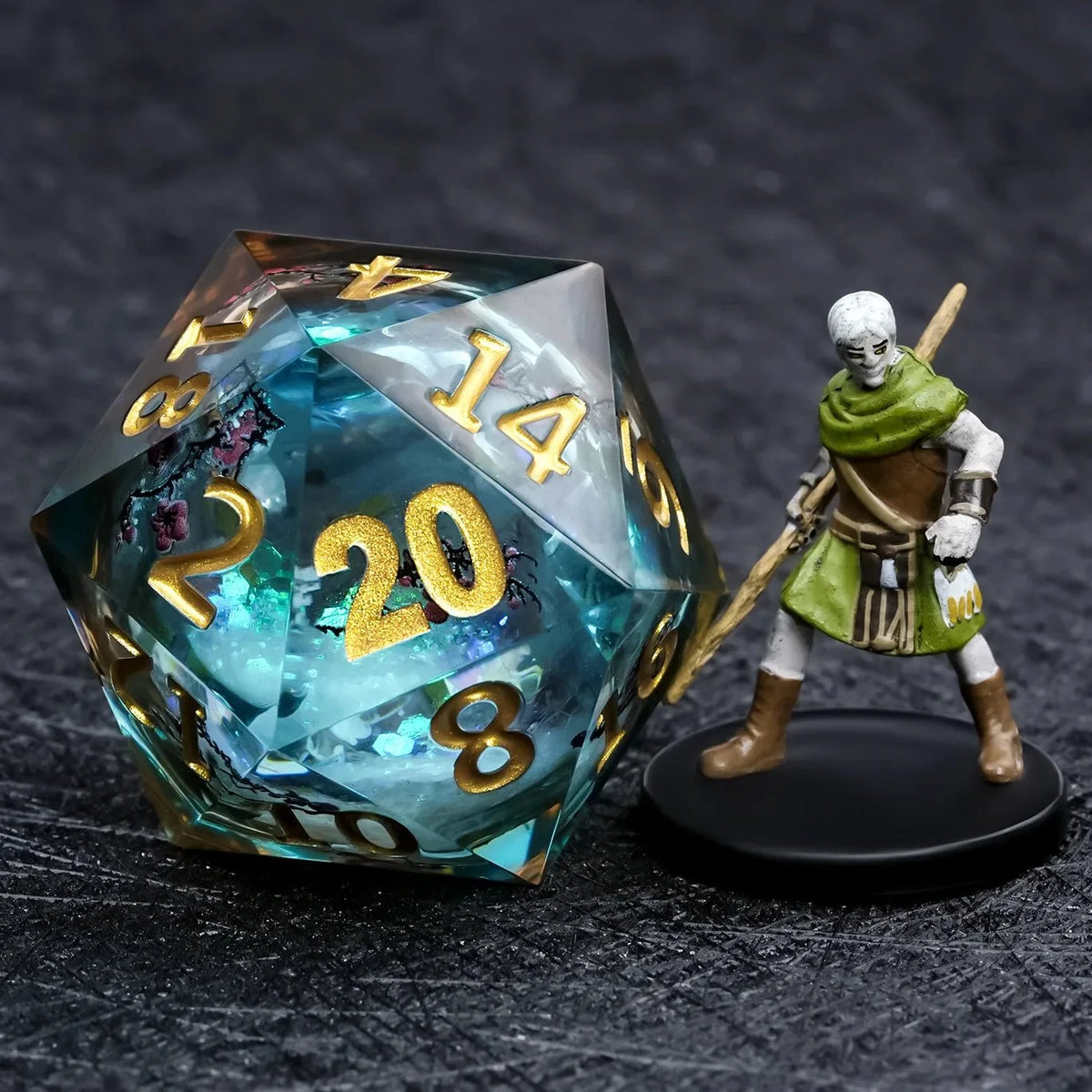 Giant Plum Resin D20 Dice – 35mm Sakura Blue Glitter Liquid Core D20 Dice with Gold Engraved Numbers and a 1.42" Tall