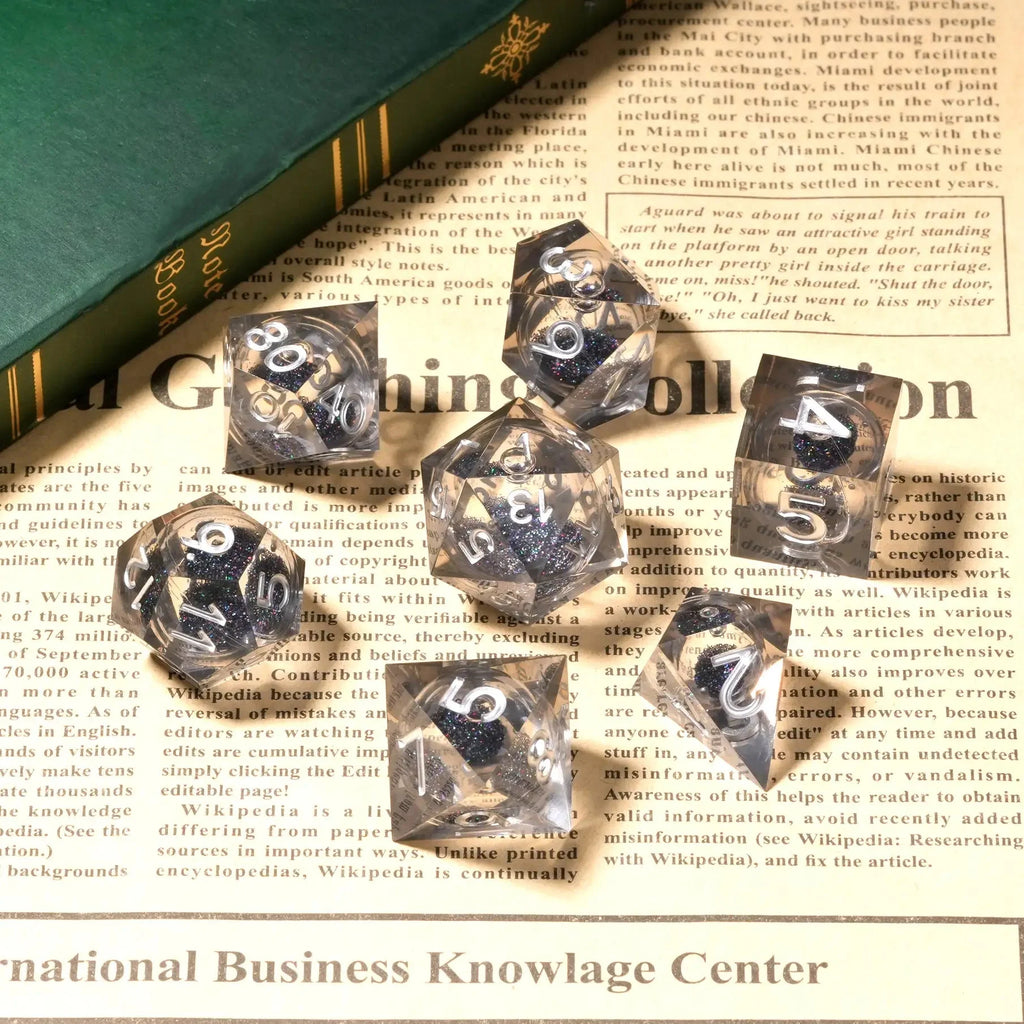 Glitter Liquid Core Dice Set – Resin dice set Black quicksand glitter core Silver engraving