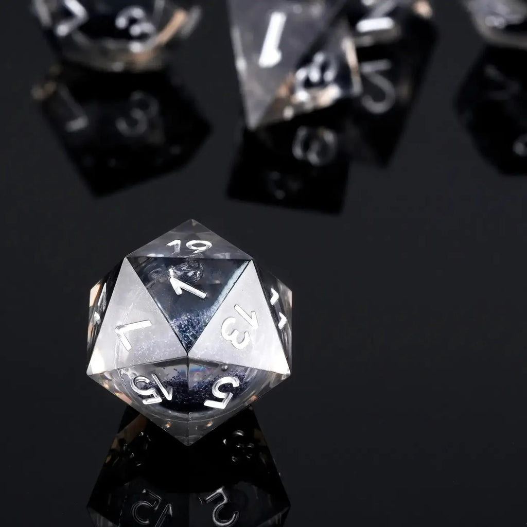 Glitter Liquid Core Dice Set – Resin dice set Black quicksand glitter core Silver engraving