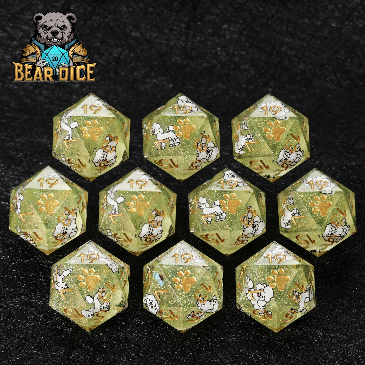 Glitter Poodle Resin D20 Dice Set