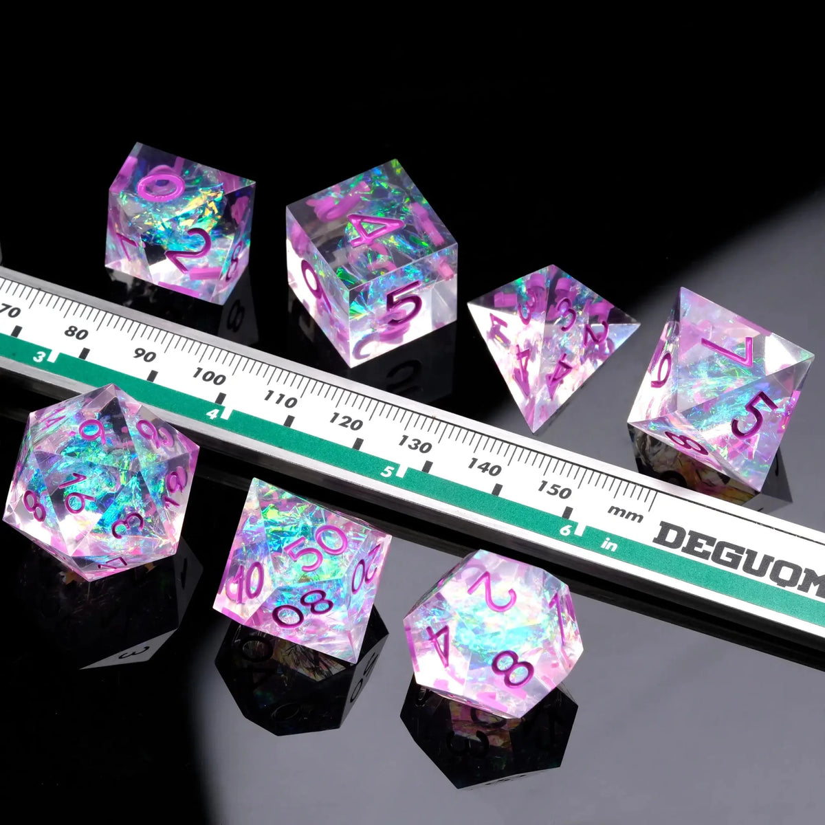 Glittering Multi Resin DND Dice Set – Colorful and glittering transparent resin solid DND multi - sided dice set +