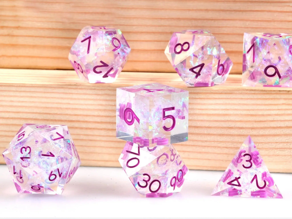 Glittering Multi Resin DND Dice Set – Colorful and glittering transparent resin solid DND multi - sided dice set +