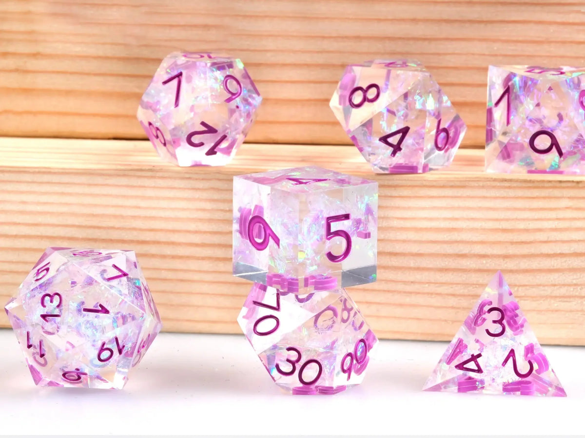 Glittering Multi Resin DND Dice Set – Colorful and glittering transparent resin solid DND multi - sided dice set +