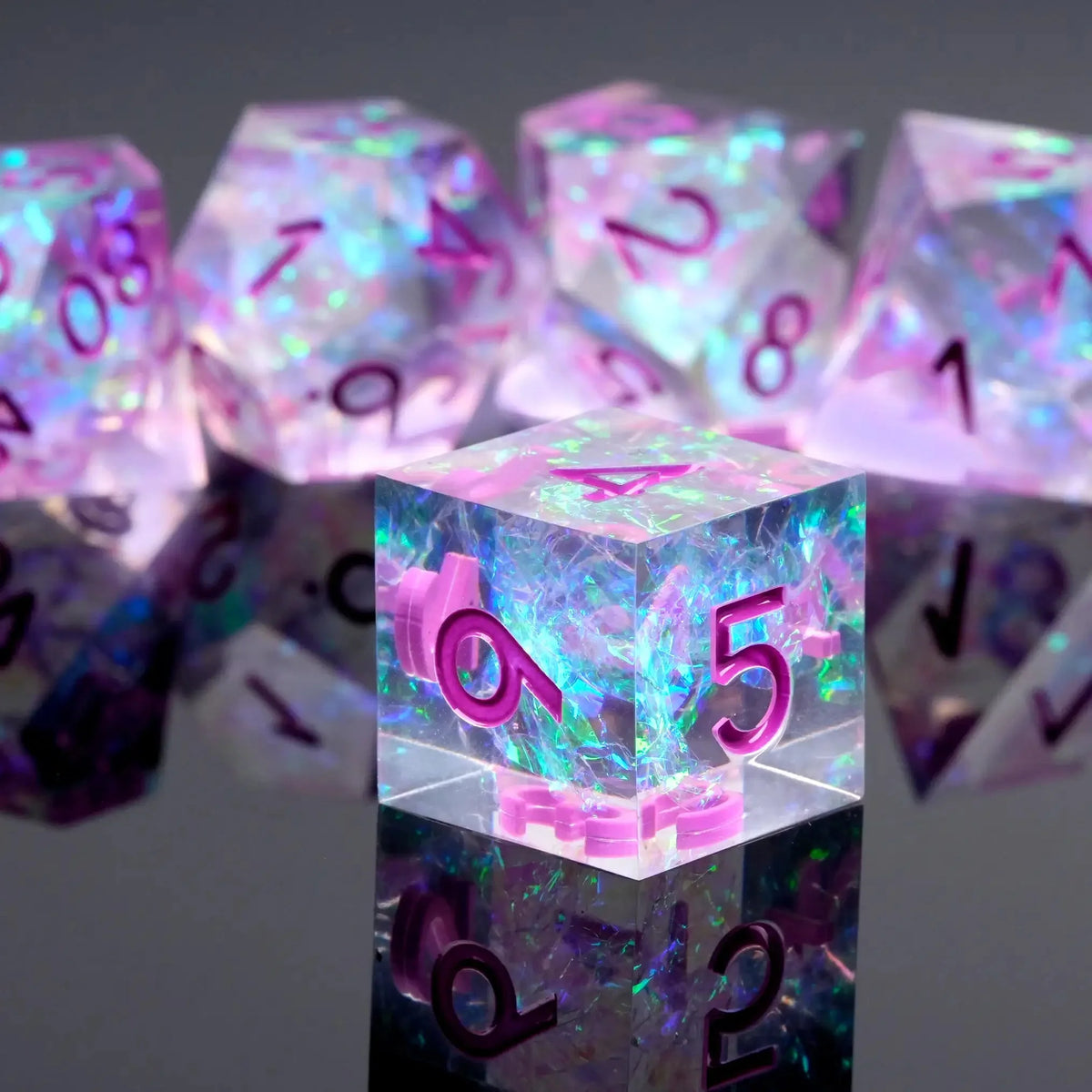 Glittering Multi Resin DND Dice Set – Colorful and glittering transparent resin solid DND multi - sided dice set +