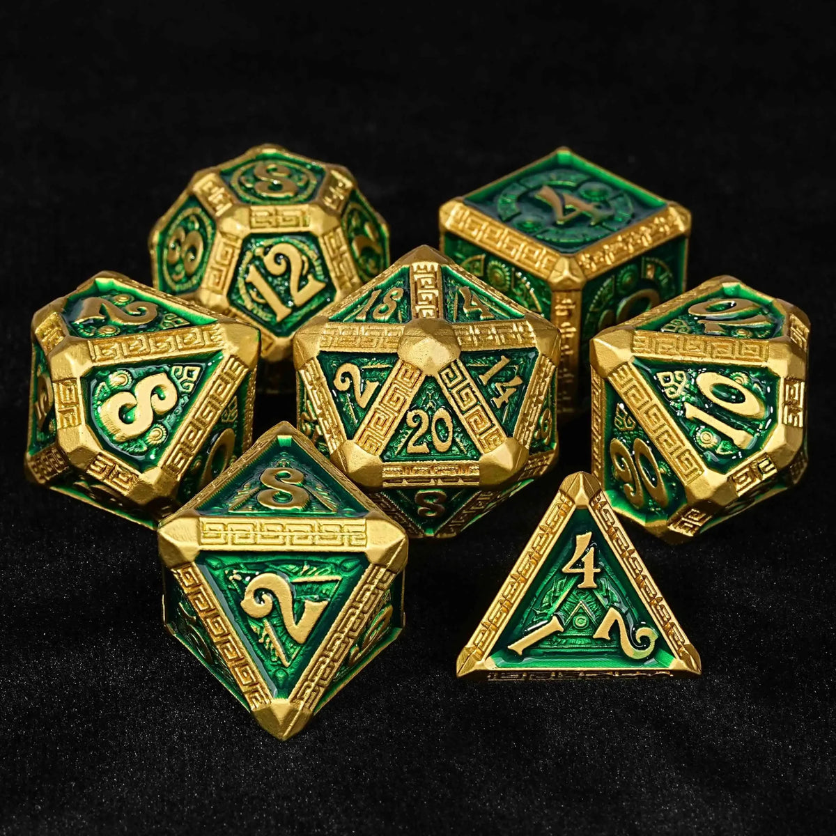 Gold Green Greek Metal DND Dice Set – Gold and Green Greek Retractable Metal DND Dice Set