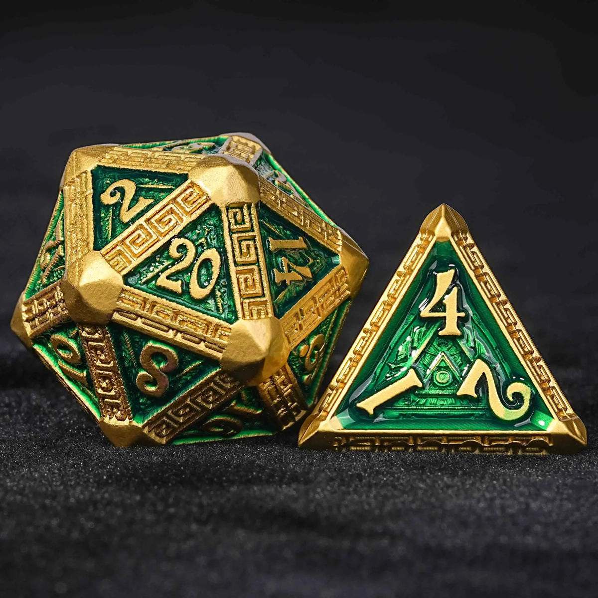 Gold Green Greek Metal DND Dice Set – Gold and Green Greek Retractable Metal DND Dice Set