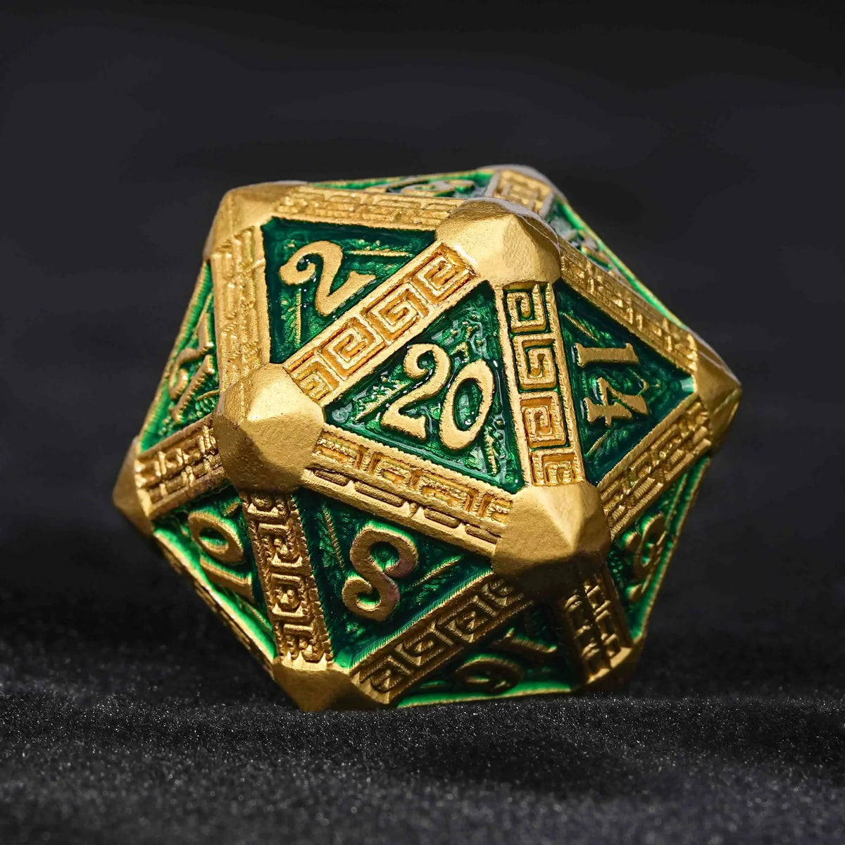 Gold Green Greek Metal DND Dice Set – Gold and Green Greek Retractable Metal DND Dice Set
