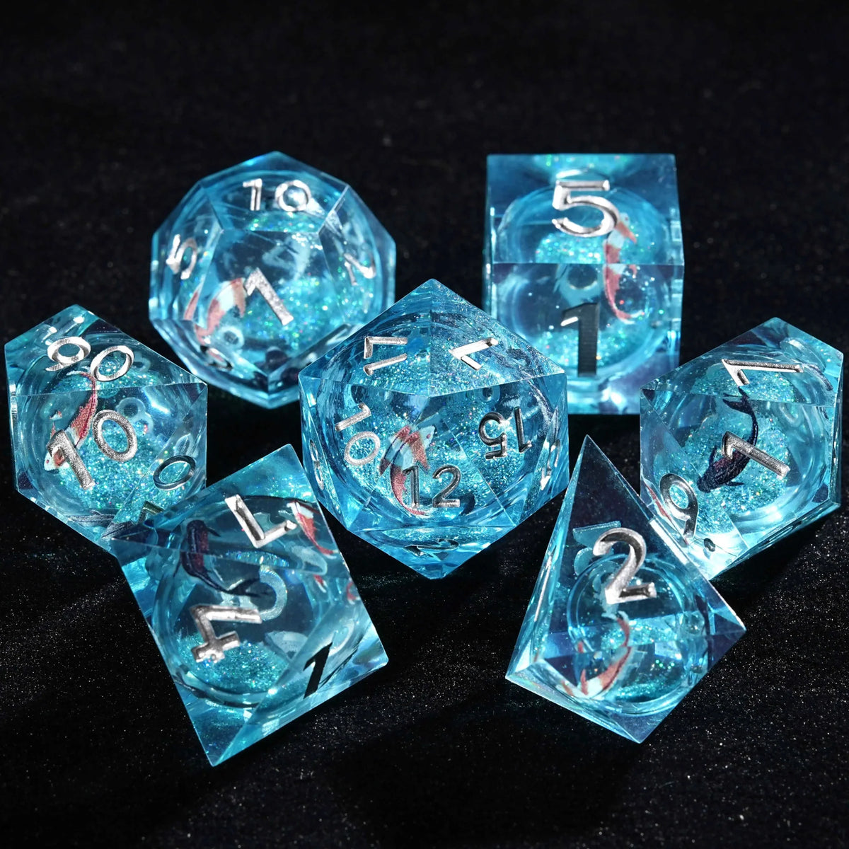 Goldfish Genie Liquid Core Dice Set – Goldfish Genie - Blue Liquid Core Resin dnd Dice Set + Silver Numbers