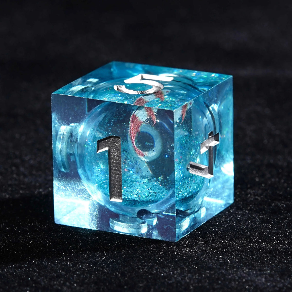 Goldfish Genie Liquid Core Dice Set – Goldfish Genie - Blue Liquid Core Resin dnd Dice Set + Silver Numbers