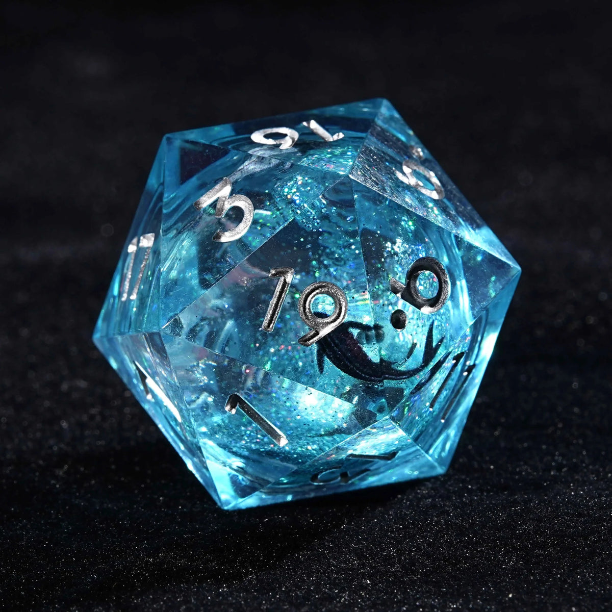Goldfish Genie Liquid Core Dice Set – Goldfish Genie - Blue Liquid Core Resin dnd Dice Set + Silver Numbers