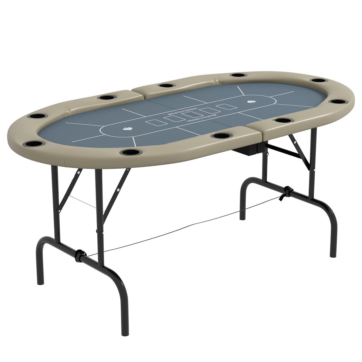 Poker Gaming Table – Foldable Players – Gray 70-Inch Oval Foldable Poker Table Full View with Beige Armrest and Black