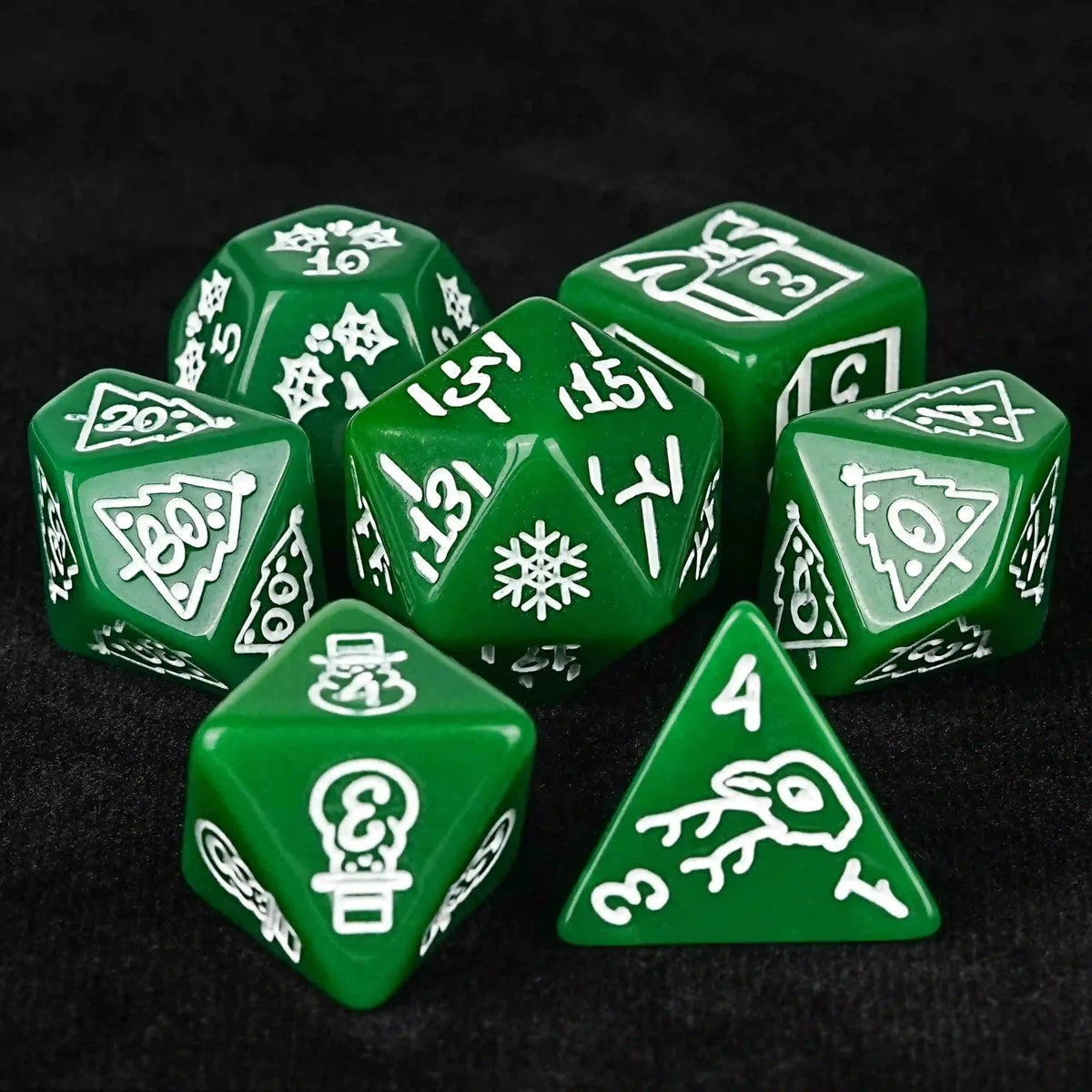 Green Christmas Acrylic DND Dice Set – Snowflake Pattern – Green acrylic Christmas DND dice set, featuring white