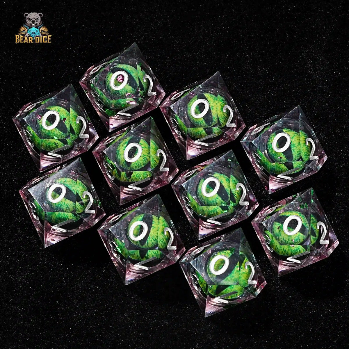 Green Dragon Eye Resin D10 Die – 10 transparent liquid resin green dragon eye D10 dice with silver-white number