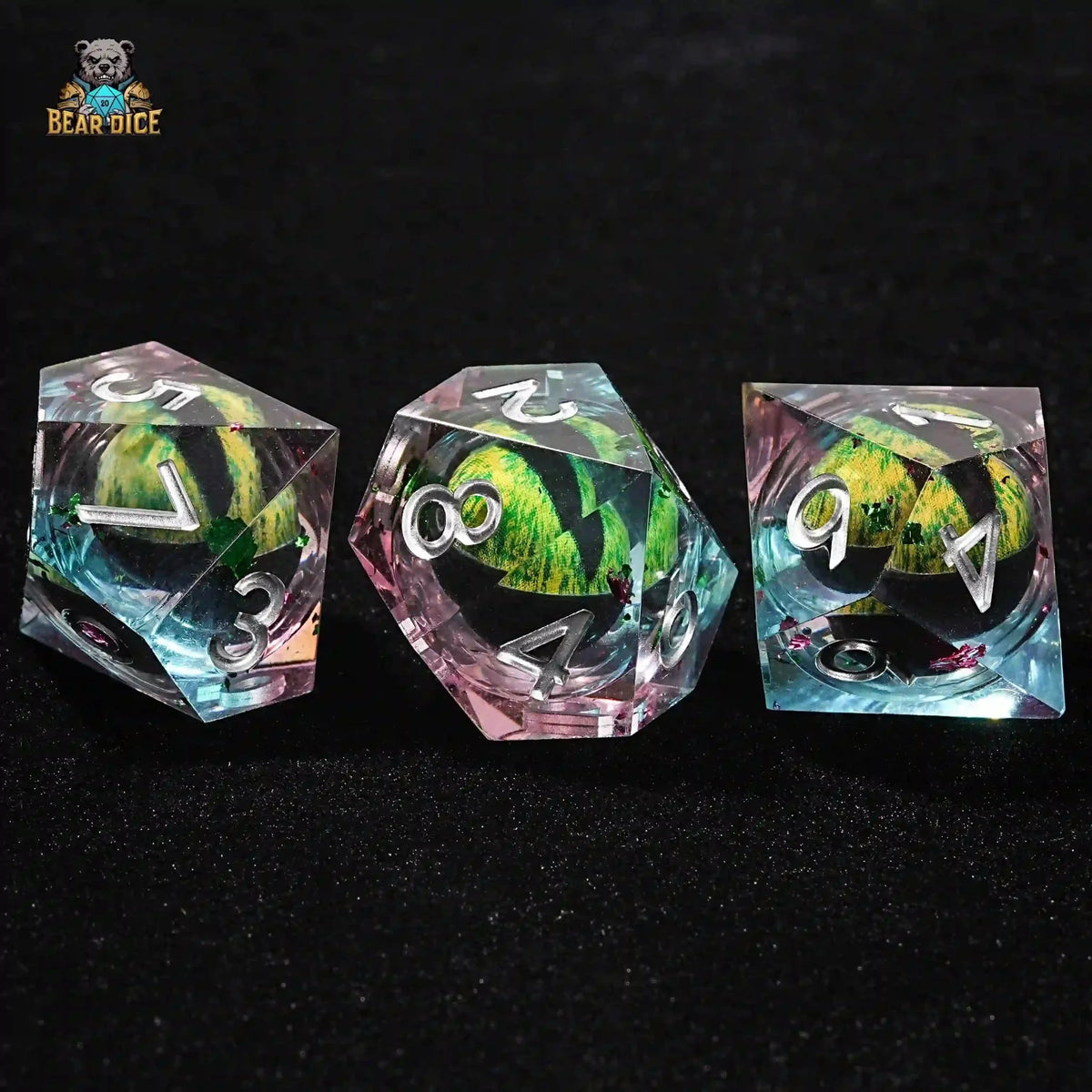 Green Dragon Eye Resin D10 Die – Clear resin liquid core Green Dragon Eye 3xD10 dice with silver lettering