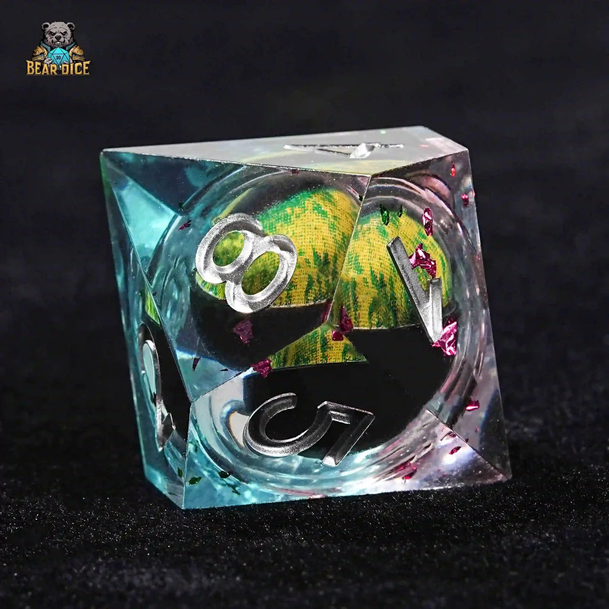 Green Dragon Eye Resin D10 Die – Transparent resin liquid core Green Dragon Eye D10 dice (10-sided dice), silver