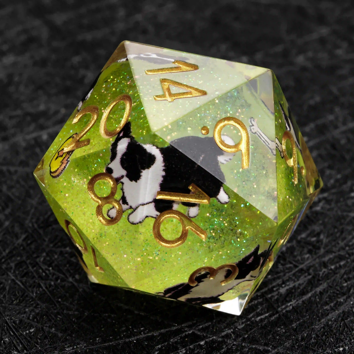 Star Resin DND Dice Set – Border Collie – Kickstarter Dice – Green Glitter Resin Border Collie DND D20 Dice with Gold
