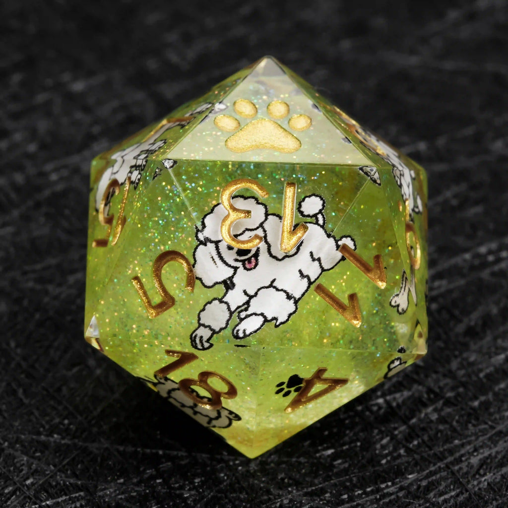 Star Resin DND Dice Set – Legends Poodle – Kickstarter Dice – Green Glitter Resin Poodle DND D20 Dice with Gold Numbers