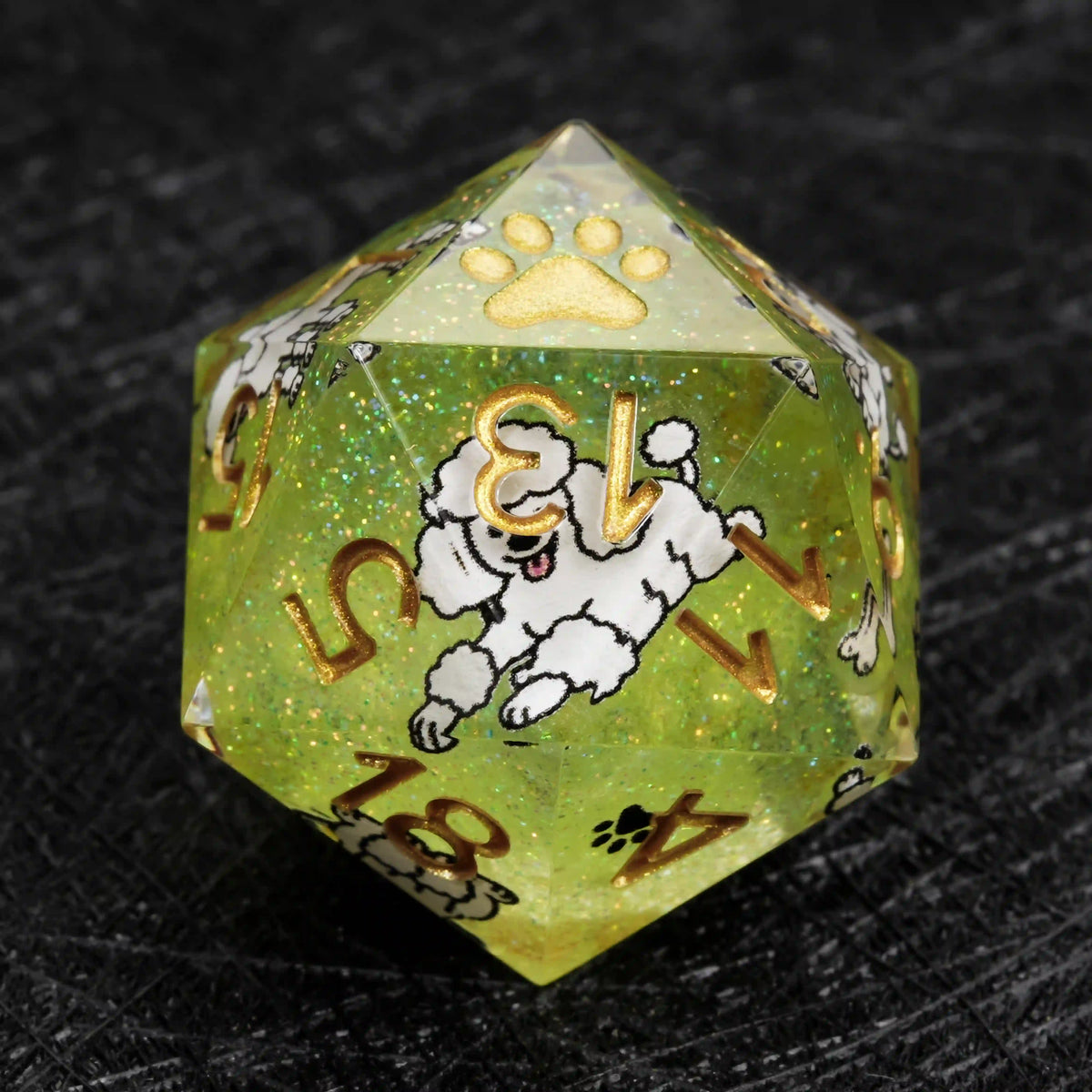 Star Resin DND Dice Set – Legends Poodle – Kickstarter Dice – Green Glitter Resin Poodle DND D20 Dice with Gold Numbers