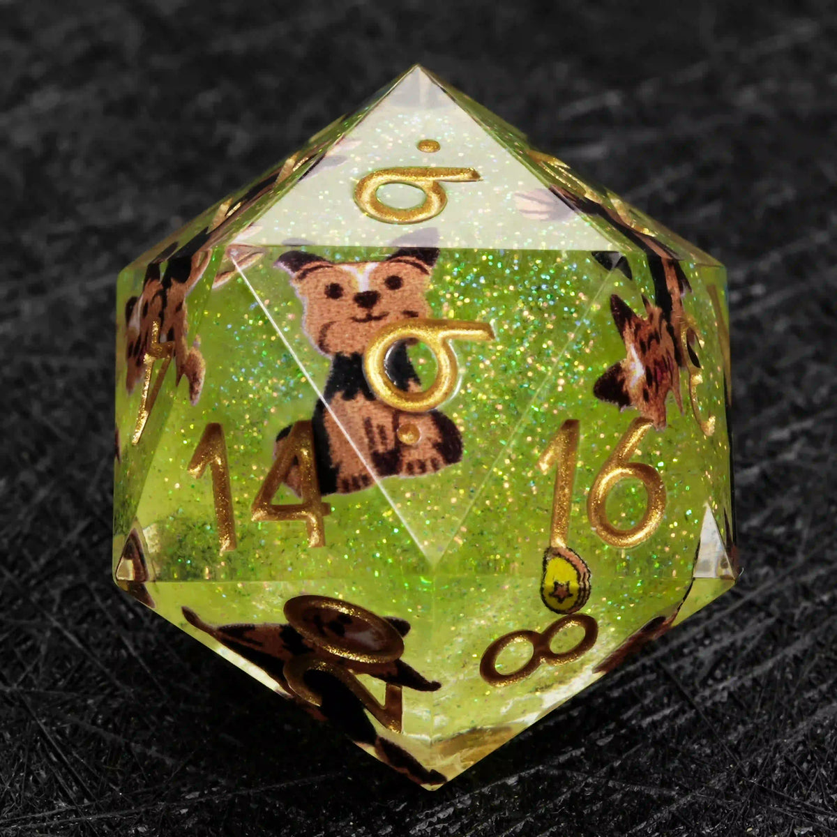 Star Resin DND Dice Set – Legends Yorkie – Kickstarter Dice – Green Glitter Resin Yorkshire DND D20 Dice with Gold