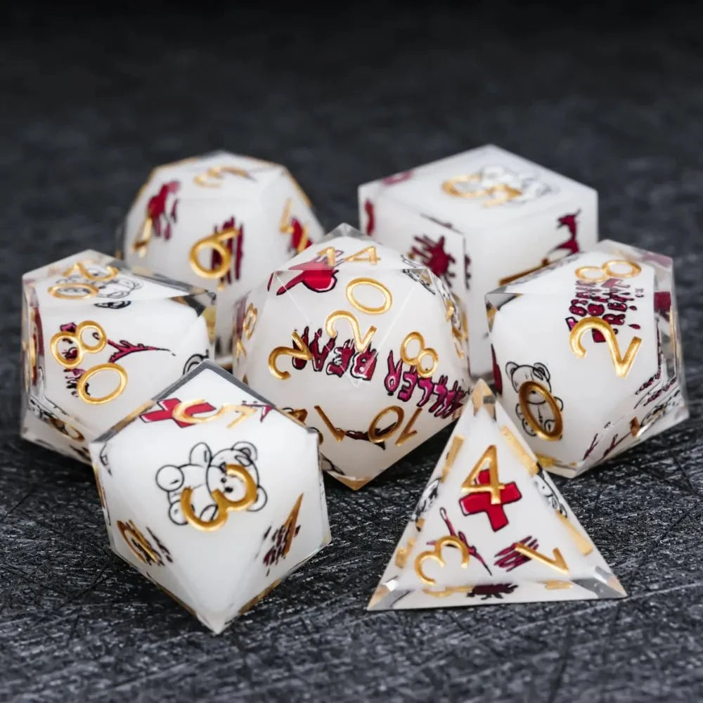 Halloween Killer Resin DND Dice Set – Gold Numbers – Halloween Killer Bear themed resin dice set with gold numbers