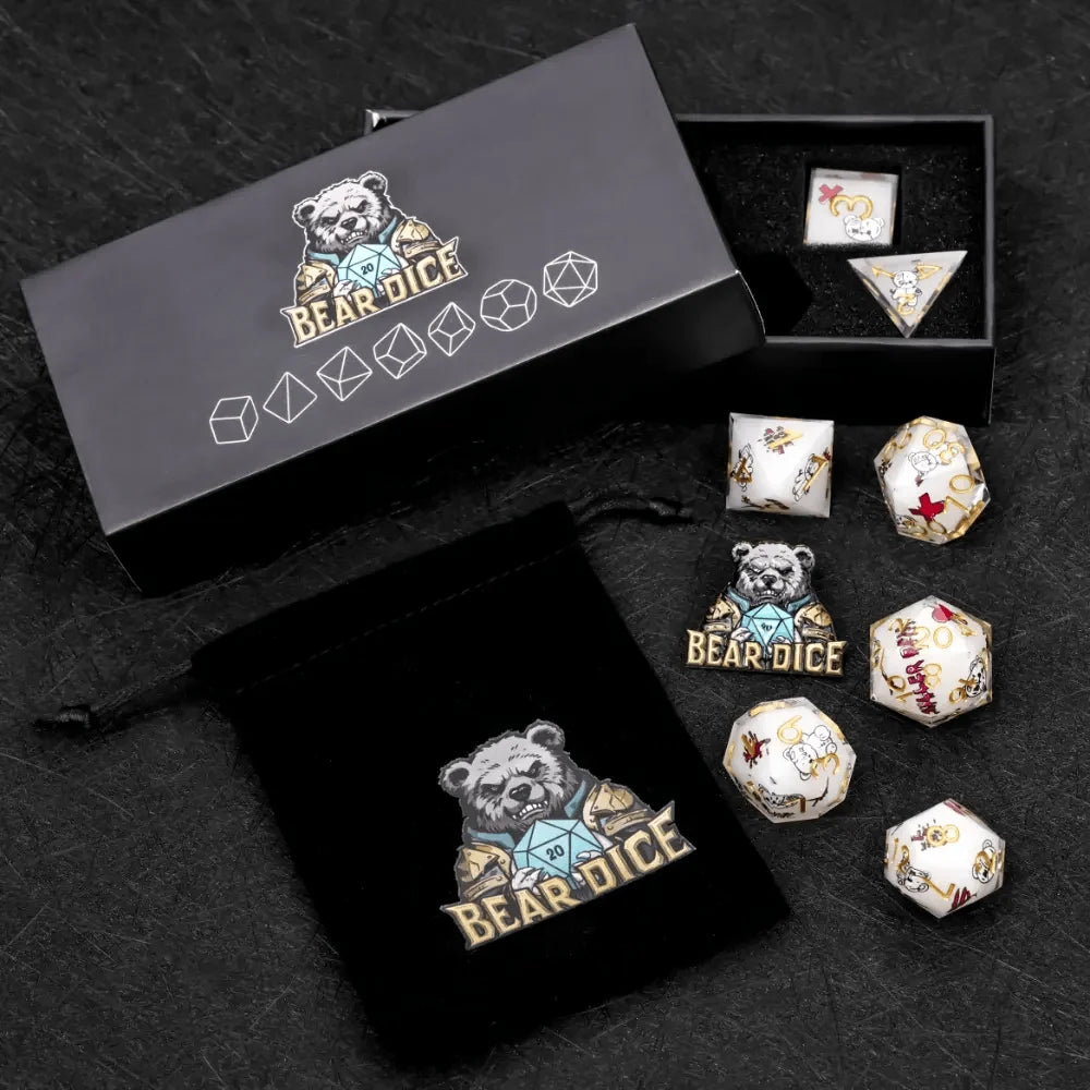 Halloween Killer Resin DND Dice Set – Gold Numbers – Halloween Killer Bear themed resin dice set with gold numbers