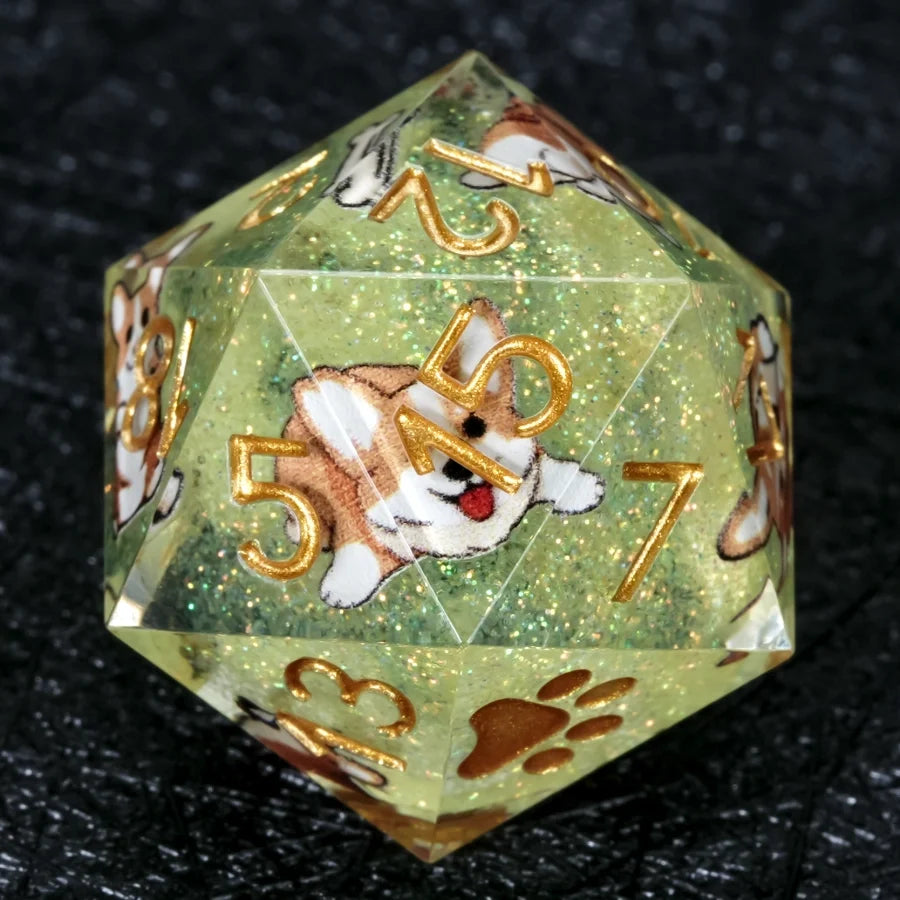 Star Resin Sharp Edge Dice Set – Kickstarter Corgi – Kickstarter Dice – Handcrafted Sharp-Edged Green Glitter Resin