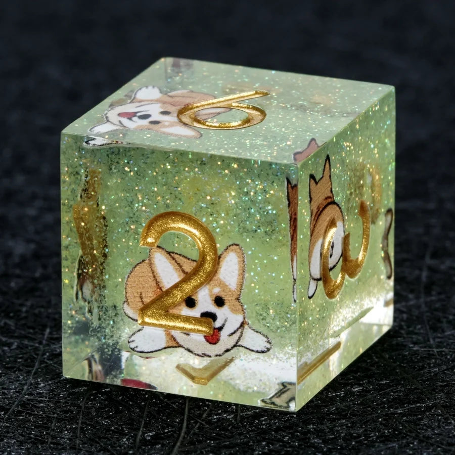 Star Resin Sharp Edge Dice Set – Kickstarter Corgi – Kickstarter Dice – Handcrafted Sharp-Edged Green Glitter Resin
