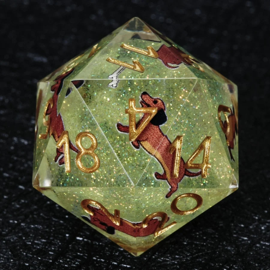 Star Resin DND Dice Set – Legends Dachshund – Kickstarter Dice – Handcrafted Sharp-Edged Green Glitter Resin Dachshund