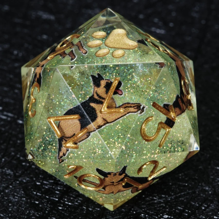 Star Resin DND Dice Set – German Shepherd – Kickstarter Dice – Handcrafted Sharp-Edged Green Glitter Resin German