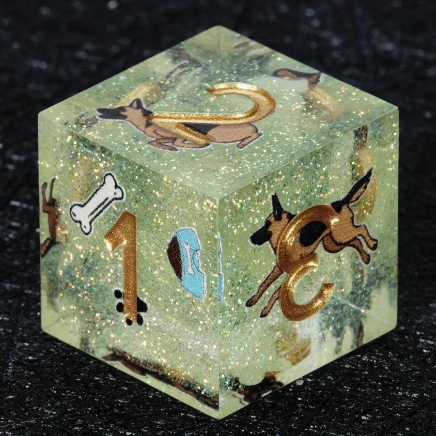 Star Resin DND Dice Set – German Shepherd – Kickstarter Dice – Handcrafted Sharp-Edged Green Glitter Resin German