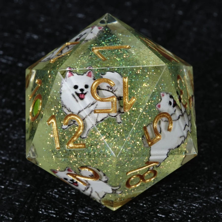 Star Resin Sharp Edge Dice Set – Legendary Pomeranian – Kickstarter Dice – Handcrafted Sharp-Edged Green Glitter Resin