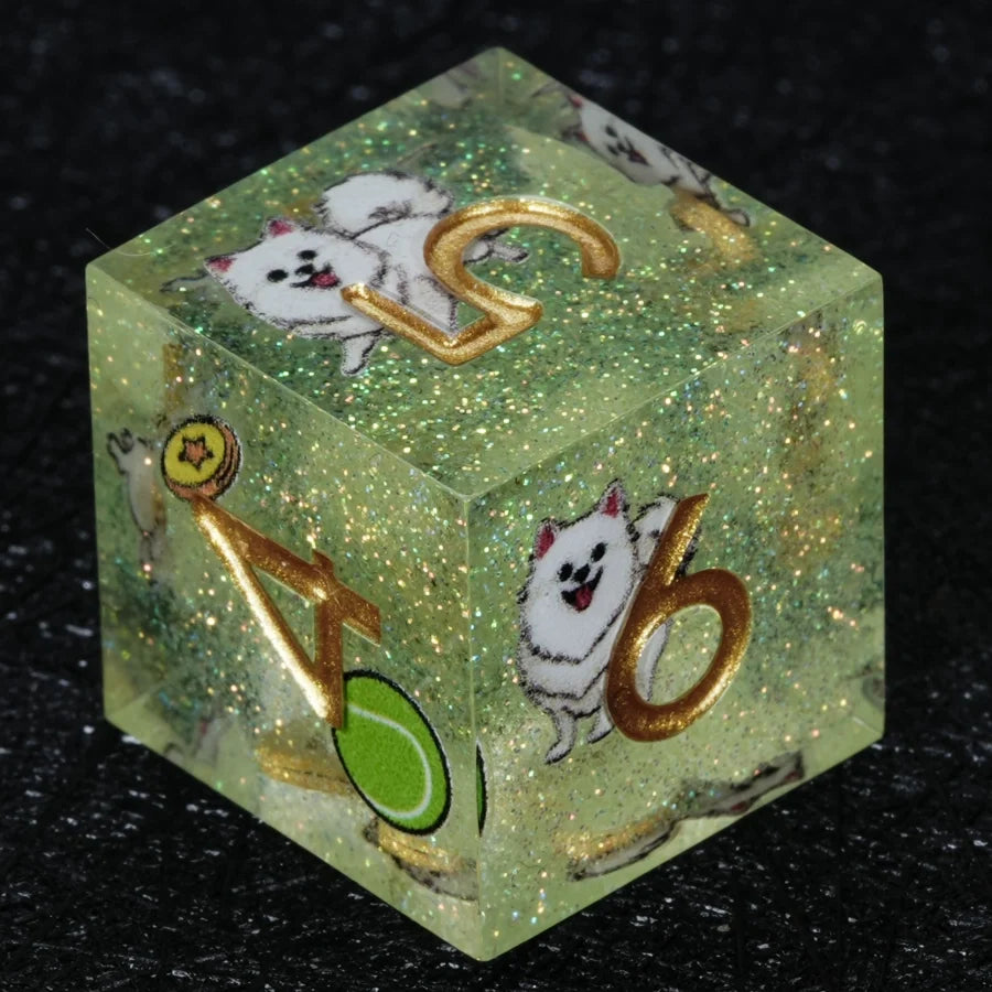 Star Resin Sharp Edge Dice Set – Legendary Pomeranian – Kickstarter Dice – Handcrafted Sharp-Edged Green Glitter Resin