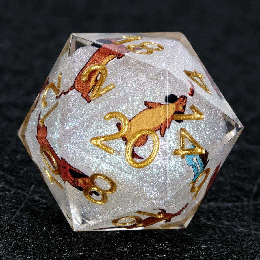 Star Resin DND Dice Set – Legends Dachshund – Kickstarter Dice – Handcrafted Sharp-Edged White Glitter Resin Dachshund