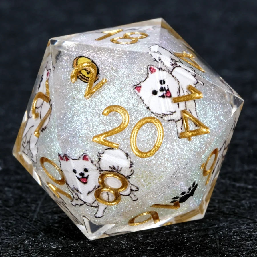 Star Resin Sharp Edge Dice Set – Legendary Pomeranian – Kickstarter Dice – Handcrafted Sharp-Edged White Glitter Resin