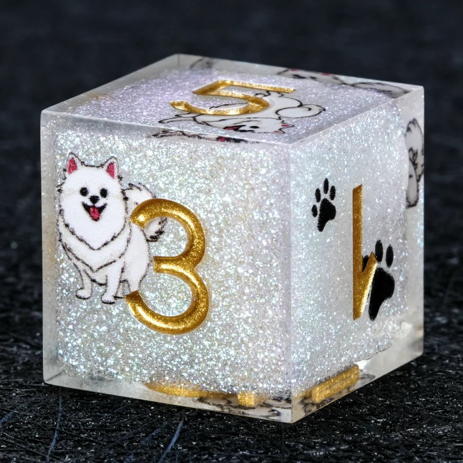 Star Resin Sharp Edge Dice Set – Legendary Pomeranian – Kickstarter Dice – Handcrafted Sharp-Edged White Glitter Resin