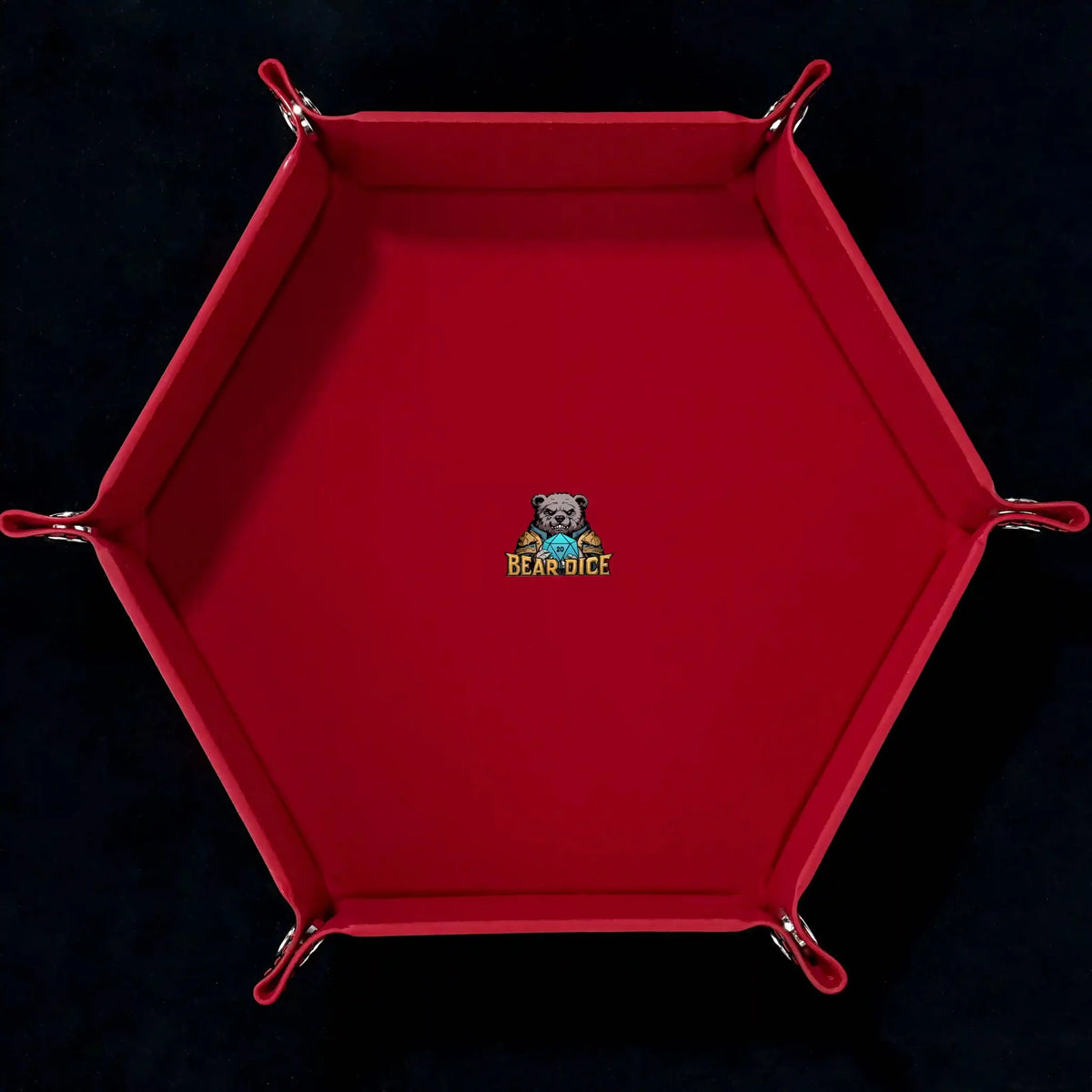 World Cup Dice Tray – Leather – Hexagonal black PU leather RPG dice tray with silver buttons. The red dice tray has a