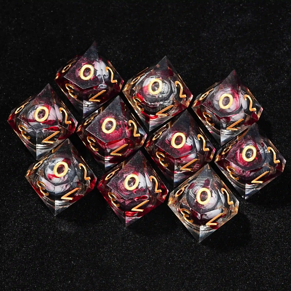 Horror Blood Liquid Core Dice Set – Gold Numbers – Liquid Core D10 Dice Horrifying Blood-Red Skull 10-Sided Dice x10