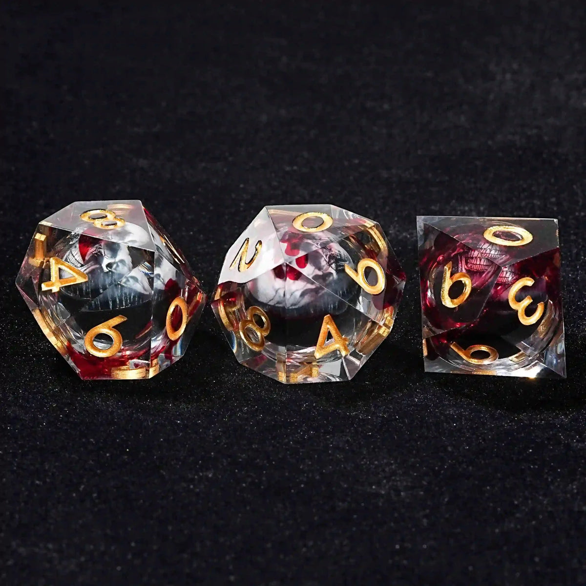 Horror Blood Liquid Core Dice Set – Gold Numbers – 3 Blood Red Skull Liquid Core D10 Dice