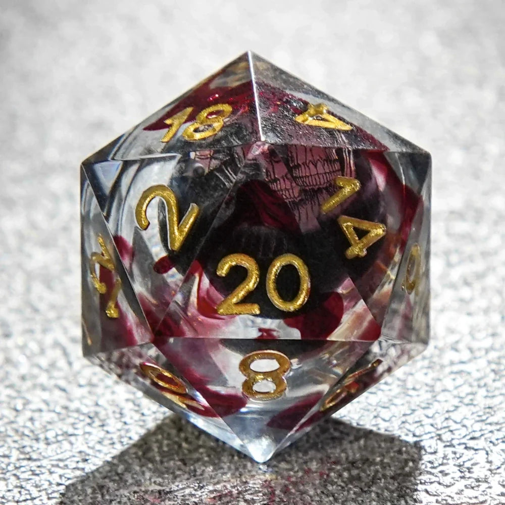 Horror Blood Liquid Core DND Dice Set – Gold Numbers – Blood Red Skull Core Resin DND Dice Set + Gold Font