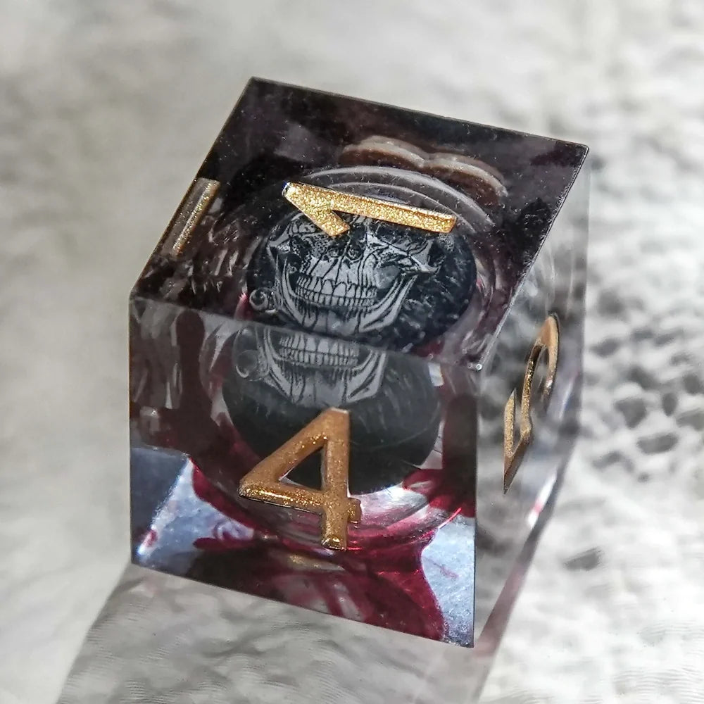 Horror Blood Liquid Core DND Dice Set – Gold Numbers – Blood Red Skull Core Resin DND Dice Set + Gold Font