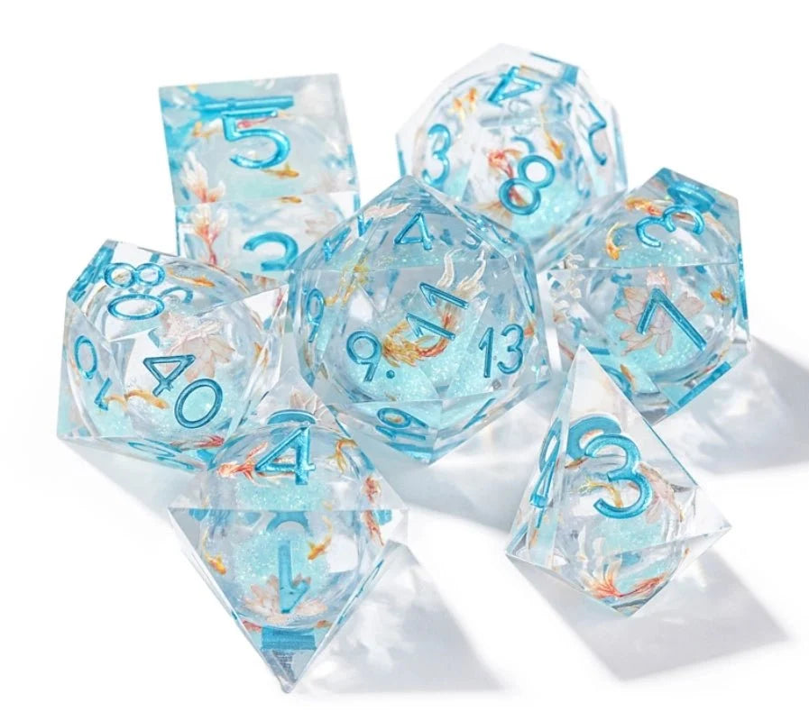 Ice Koi Liquid Core Dice Set – Ice Blue Koi Liquid Core Resin RPG Dice Set