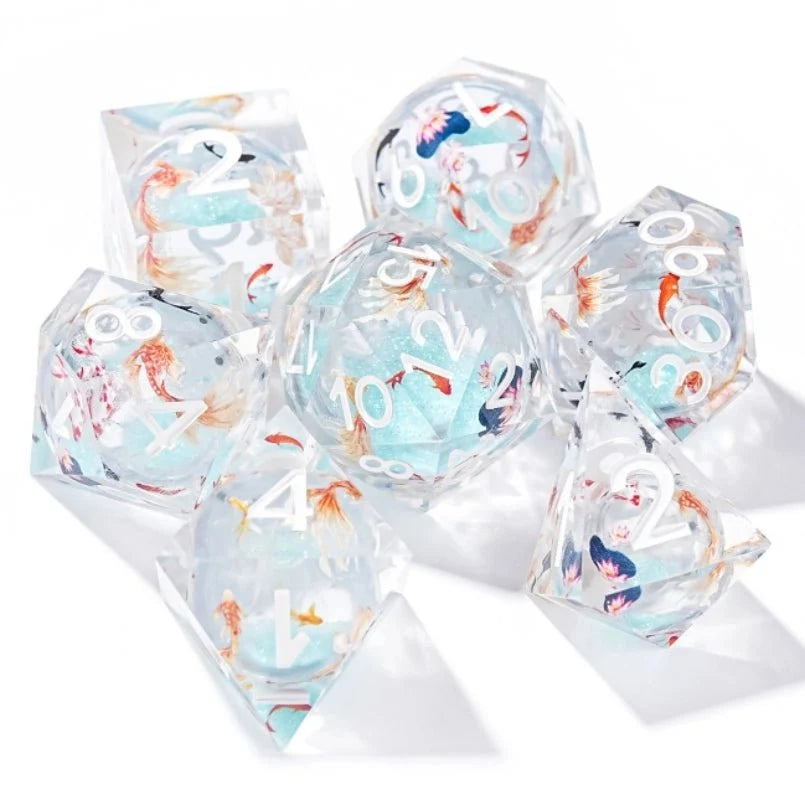 Ice Koi Liquid Core Dice Set – Ice Blue Koi Liquid Core Resin RPG Dice Set